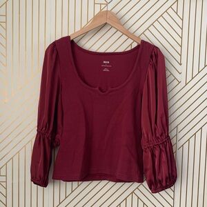 Anthropologie Maeve satin Puff Sleeve Top cotton blend ribbed knit scoop neck S